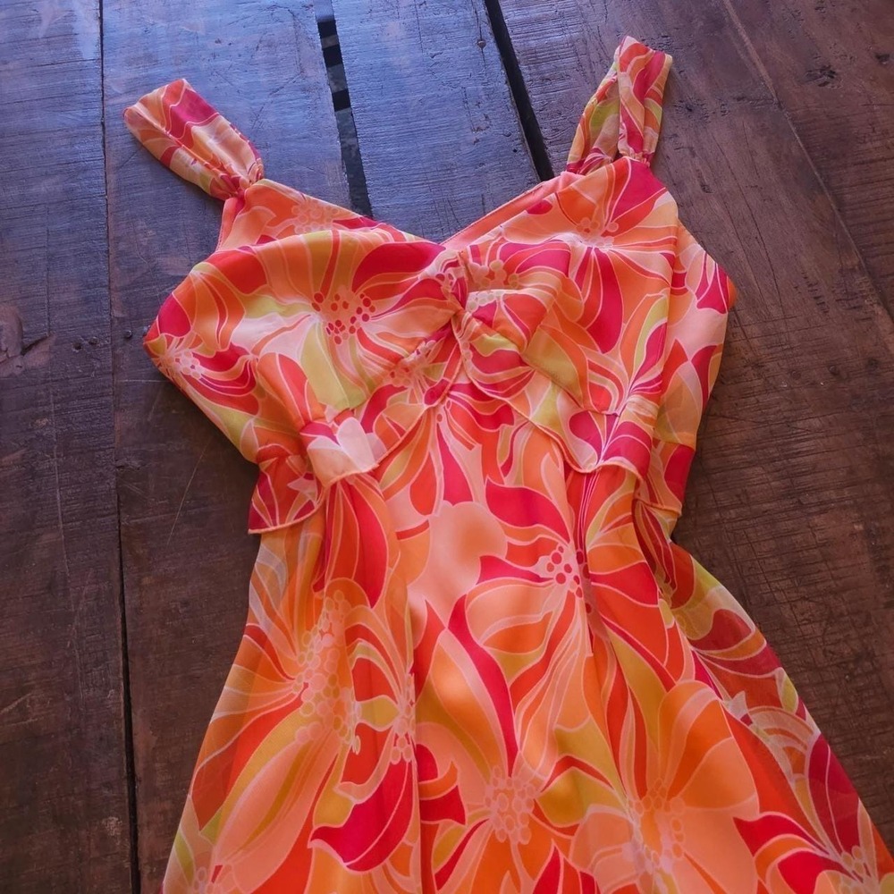 Y2K Early 2000s Orange & Pink Floral Print Dress Ruffle Summer Sun Dress Vintage - Picture 4 of 8